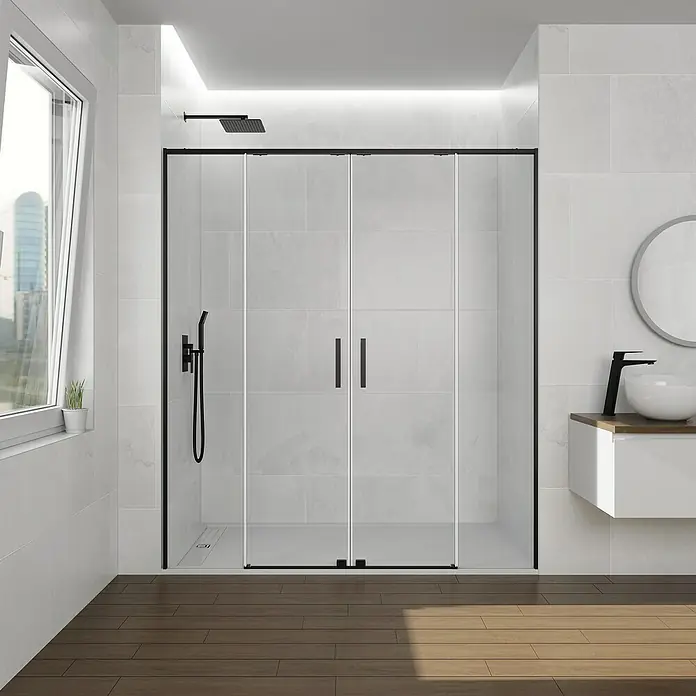 GME Mampara de ducha frontal Twenty Spazio - 190 x 195 cm, Espesor de vidrio: 6 mm, Negro - Imagen de una moderna cabina de ducha con puertas correderas y marco negro, que muestra un elegante diseño de baño.
