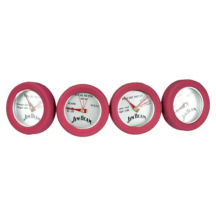 Jim Beam Grill-Thermometer - 4 Stk. - Vier rote Jim Beam Fleischthermometer, zeigen Geflügel- und Steak-Temperaturen für verschiedene Gargrade.