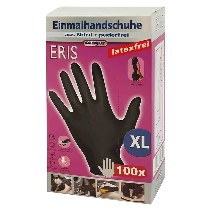 Sänger Einmalhandschuhe Eris - XL, Schwarz, Nitril, 100 Stk. - Eine Packung ERIS Einmalhandschuhe aus Nitril, puderfrei, in Größe XL, ideal für den täglichen Gebrauch.