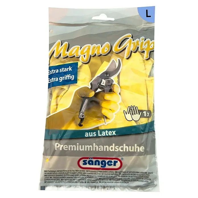 Sänger Haushaltshandschuhe Magno Grip - L, Gelb, Latex - Magno Grip Premium-Handschuhe aus Latex, extra stark und griffig, Größe L, ideal für Gartenarbeit und andere Aufgaben.