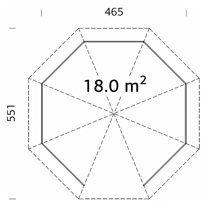 Palmako Pavillon Betty - Außenmaß: 551 x 551 cm, Transparent, Fichte - Grundriss eines achteckigen Pavillons mit den Maßen 465 x 551 und einer Fläche von 18,0 m².