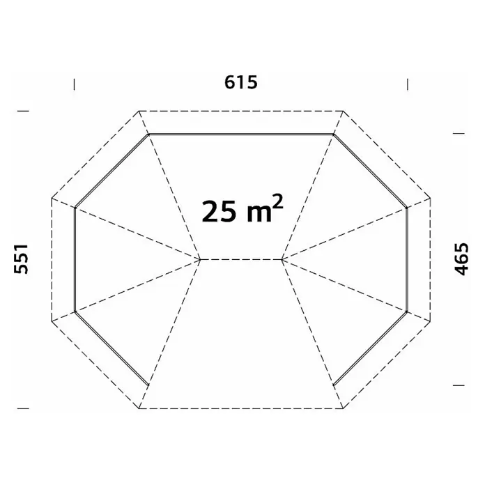 Palmako Pavillon Betty - Außenmaß: 553 x 703 cm, Transparent, Fichte - Draufsicht auf ein achteckiges Gebäude mit Maßangaben und einer Fläche von 25 m², dargestellt in einer technischen Zeichnung.