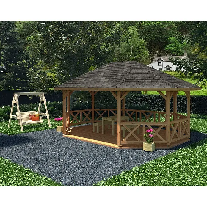 Palmako Pavillon Betty - Außenmaß: 553 x 703 cm, Braun, Fichte - Ein hölzerner Pavillon mit dunklem Dach steht auf einer grauen Fläche, umgeben von Grün. Eine Schaukelbank ist daneben zu sehen.