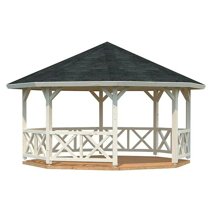 Palmako Pavillon Betty - Außenmaß: 551 x 551 cm, Transparent, Fichte - Ein achteckiger, weißer Pavillon mit einem dunklen, schindelgedeckten Dach und dekorativen Holzzäunen bietet einen stilvollen und wettergeschützten Außenbereich.