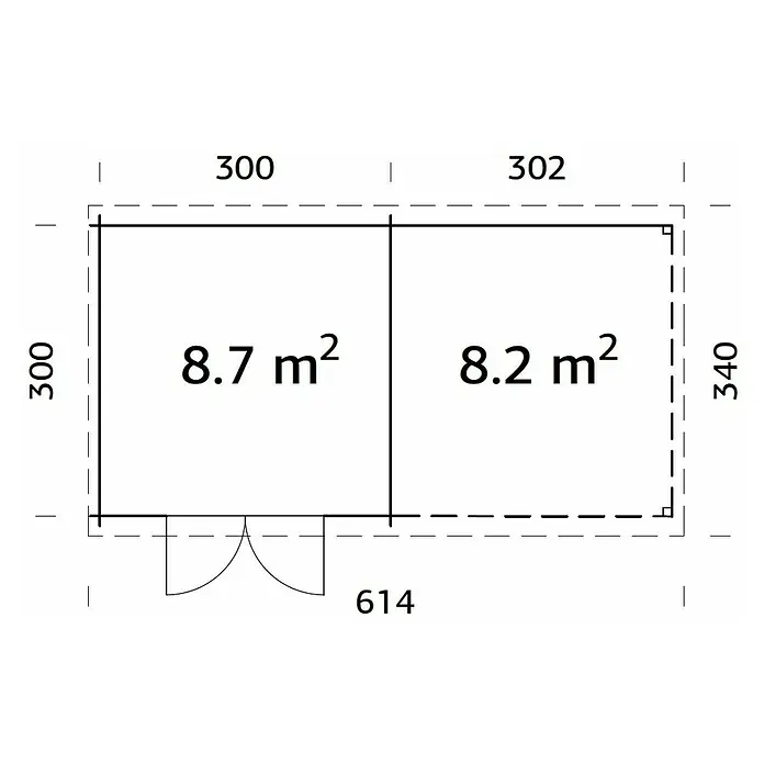 Palmako Gartenhaus Ella - Außenmaß inkl. Dachüberstand (B x T): 614 x 340 cm, 16,8 m², Holz, Natur - Grundriss eines Gartens mit zwei separaten Bereichen von 8,7 m² und 8,2 m², Gesamtbreite 614 cm und Höhe 340 cm.