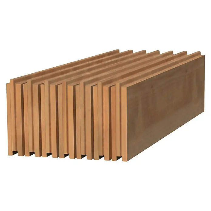 Palmako Fußboden - Passend für: Palmako Gartenhaus Ella mit6,9 m² Grundfläche - Detailaufnahme eines modernen Holzpaneels mit Lamellenstruktur, ideal für stilvolle Wandverkleidungen und akustische Verbesserungen.
