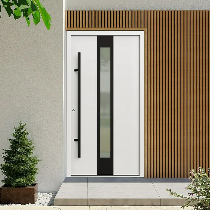 Gerda Haustür Thermo Prime 75 Hanover - 110 cm x 210 mm, DIN Anschlag: Links, Weiß, Schwarze Details - Ein modernes Haustürdesign mit weißem Rahmen, schwarzem Griff und Glaselement, ergänzt durch eine Holzpaneelwand.