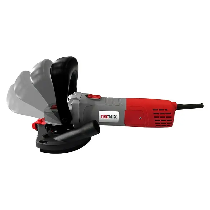 Berg Tecmix Betonschleifer TCG 125 - Leistungsaufnahme: 1.400 W, Leerlaufdrehzahl: 11.000 U/min, Durchmesser Scheibe: 125 mm - Abbildung einer Tecmix Mauernutfräse in Rot und Grau, die für präzise Schnitte in Mauerwerk konzipiert ist. Ideal für Elektroinstallationen.
