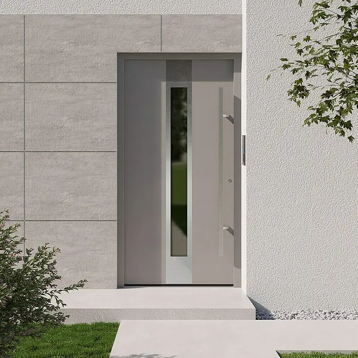 Gerda Haustür Thermo Prime 75 Hanover100 cm x 210 mm, DIN Anschlag: Rechts, Grau, Details in Edelstahl - Eine moderne Haustür mit Glaseinsatz und minimalistischem Design fügt sich nahtlos in die Fassade des Hauses ein.