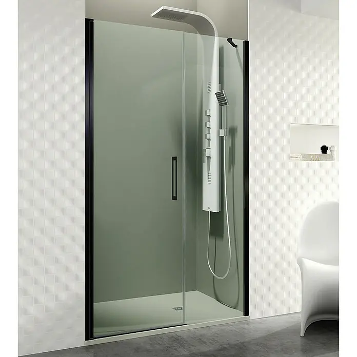 GME Mampara de ducha frontal Open Combi E - 85 x 195 cm, Espesor de vidrio: 6 mm, Negro, An x Al: 85 (30/55) x 195 cm - Elegante cabina de ducha con marco negro y moderna columna de ducha con varias funciones para una experiencia de ducha de lujo.
