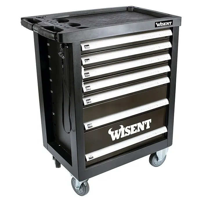 Wisent Werkstattwagen WW 5000 - L x B x H: 77,5 x 47 x 97,5 cm, Anzahl Schubladen: 7 Stk., 70 -tlg. - Abbildung eines schwarzen Werkzeugwagens von Wisent mit mehreren Schubladen und Rädern für einfachen Transport.
