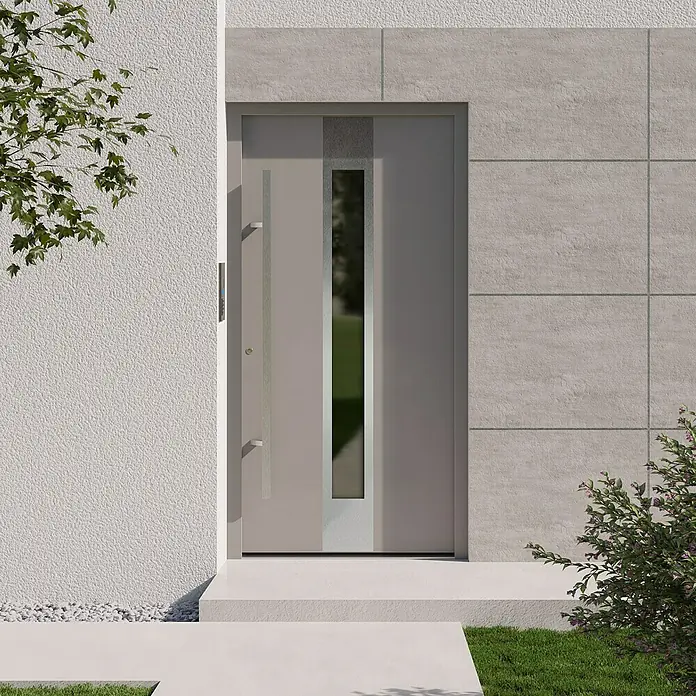 Gerda Haustür Thermo Prime 75 Hanover - 110 cm x 210 mm, DIN Anschlag: Links, Grau, Details in Edelstahl - Moderne Haustür in Grau mit schmalem Glasausschnitt, eingebettet in eine stilvolle Fassade. Elegantes Design für zeitgemäße Hauseingänge.