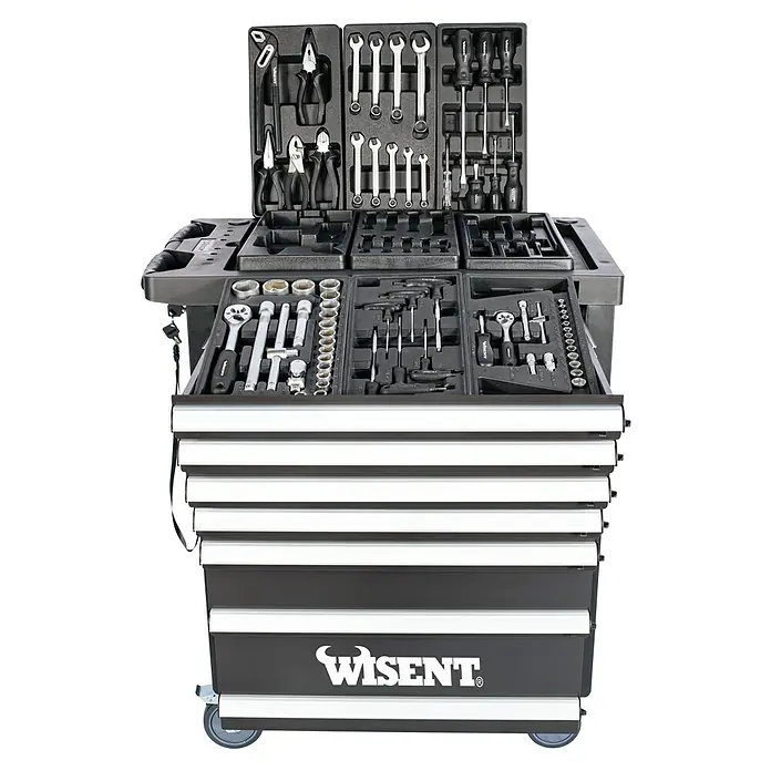 Wisent Carro portaherramientas WW5000 - L x An x Al: 77,5 x 47 x 97,5 cm, Número de cajones: 7 ud., 70 pzs. - Carro de herramientas con una gran variedad de herramientas, incluyendo llaves, alicates y destornilladores.