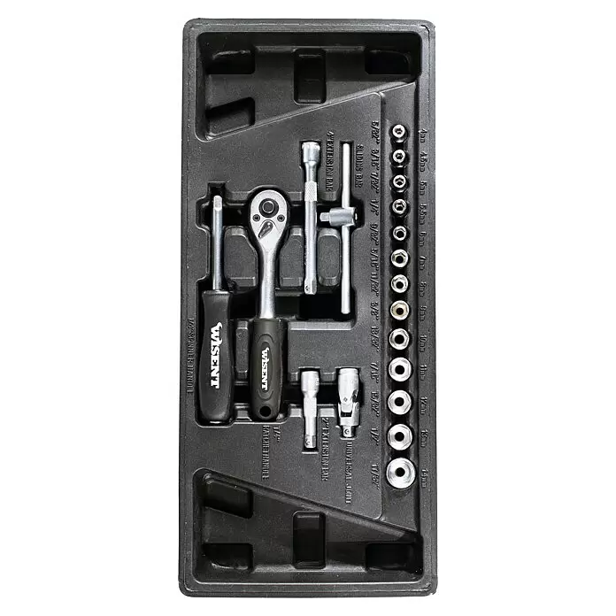 Wisent Carro portaherramientas WW5000 - L x An x Al: 77,5 x 47 x 97,5 cm, Número de cajones: 7 ud., 70 pzs. - Un juego de llaves de vaso Wisent 1/4" en estuche de plástico negro, con carraca, mango giratorio, extensiones, junta universal, barra en T y vasos surtidos.