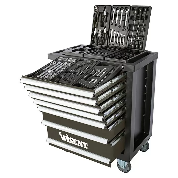 Wisent Carro portaherramientas WW5000 - L x An x Al: 77,5 x 47 x 97,5 cm, Número de cajones: 7 ud., 70 pzs. - Carro de herramientas móvil negro con varios cajones abiertos que muestran un juego organizado de llaves, alicates, destornilladores, vasos y carracas.