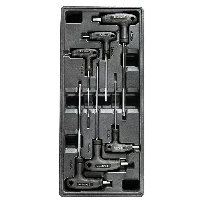 Wisent Carro portaherramientas WW5000 - L x An x Al: 77,5 x 47 x 97,5 cm, Número de cajones: 7 ud., 70 pzs. - Juego de llaves Allen con mango en T negras y vástagos plateados en un estuche organizador de plástico gris oscuro, varios tamaños.