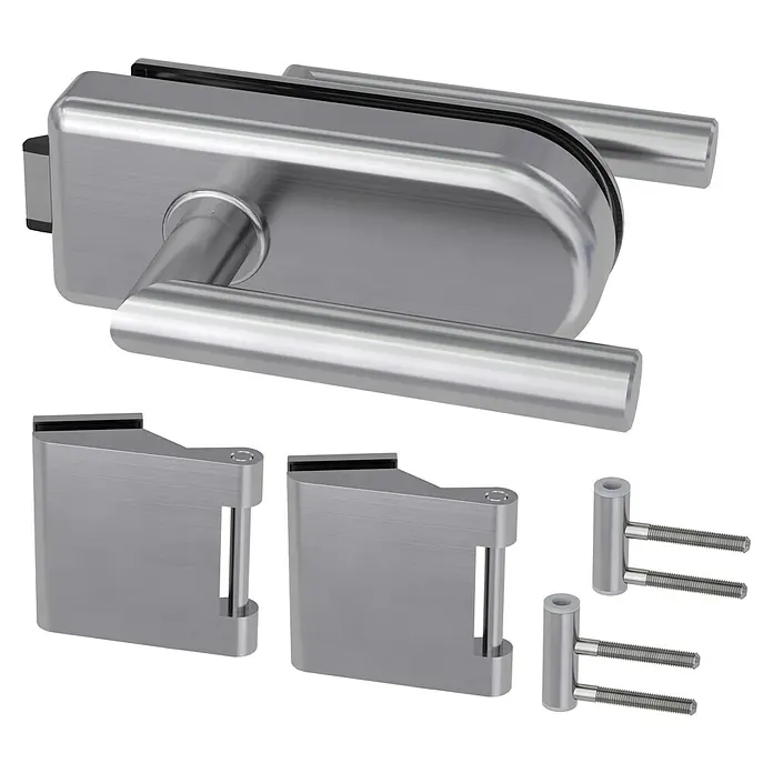 Diamond Doors Glastürbeschlag Sky UV - Edelstahloptik, Bandbohrung/Bänder: Office 3-teilig, Unverschließbar - Edelstahl-Glastürbeschlag-Set mit Griff und Scharnieren für eine stilvolle und sichere Türinstallation.