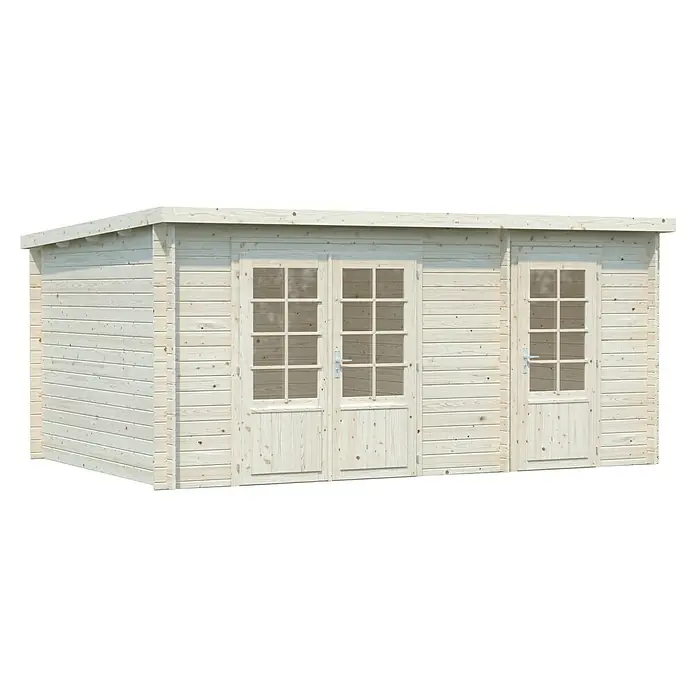 Palmako Gartenhaus Ella - Außenmaß inkl. Dachüberstand (B x T): 477 x 340 cm, Holz, Transparet - Ein helles Holzgartenhaus mit Doppeltüren und einem Einzeltürbereich, ideal für Lagerung oder als Gartenbüro. Die Holzkonstruktion ist stabil und natürlich.