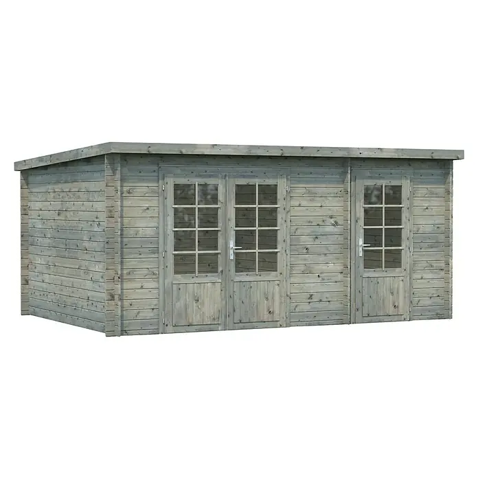 Palmako Gartenhaus Ella - Außenmaß inkl. Dachüberstand (B x T): 477 x 340 cm, Holz, Grau - Eine graue Blockhütte mit zwei Fenstertüren und einer Holztür bietet ausreichend Platz für Gartengeräte und mehr.