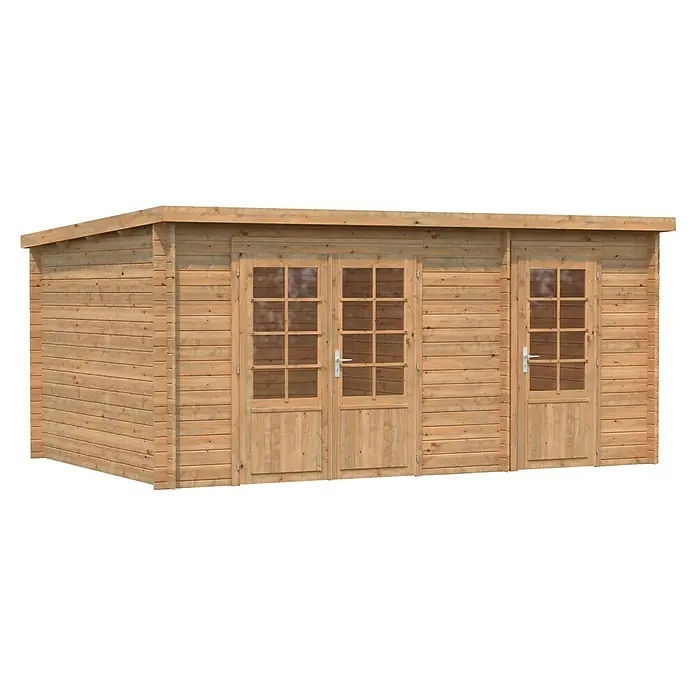 Palmako Gartenhaus Ella - Außenmaß inkl. Dachüberstand (B x T): 477 x 340 cm, Holz, Braun - Ein helles Holzgartenhaus mit Flachdach und zwei Glastüren mit Sprossen sowie einer einzelnen Glastür, die für Stauraum im Freien sorgt.
