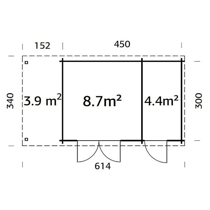 Palmako Gartenhaus Ella - Außenmaß inkl. Dachüberstand (B x T): 614 x 340 cm, 17 m², Holz, Natur - Grundriss eines Gartenhauses mit den Maßen 340 x 450 cm, inklusive der Angabe der Flächen der einzelnen Räume.