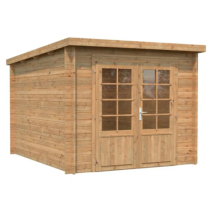 Palmako Gartenhaus Ella - Außenmaß inkl. Dachüberstand (B x T): 264 x 340 cm, Holz, Braun - Ein helles Holzgartenhaus mit Doppeltür und rechteckigen Fenstern, ideal für die Aufbewahrung von Gartengeräten oder als gemütlicher Rückzugsort im Garten.