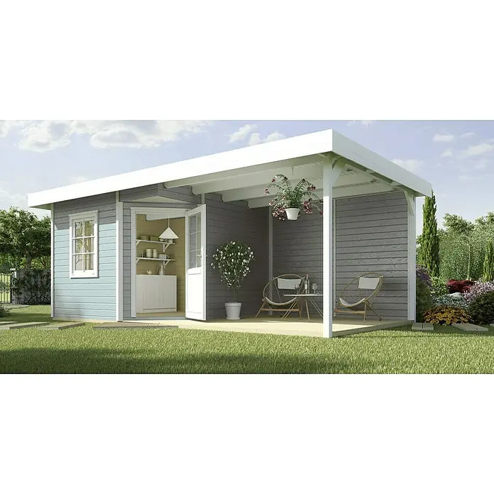 Weka Gartenhaus Fides III - Außenmaß inkl. Dachüberstand (B x T): 586 x 278 cm, Holz, Grau, 12,88 m² - Das Gartenhaus mit überdachter Terrasse lädt zum Verweilen ein. Helle Farben und modernes Design fügen sich harmonisch in den Garten ein.
