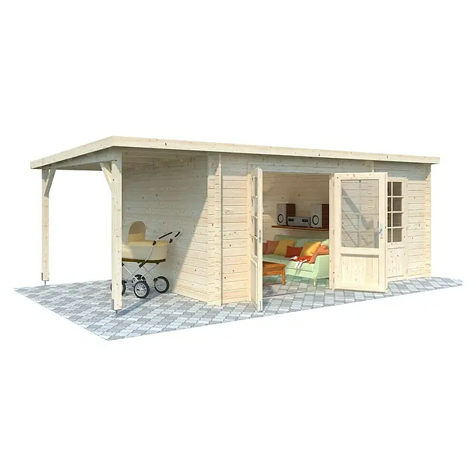 Palmako Gartenhaus Ella - Außenmaß inkl. Dachüberstand (B x T): 614 x 340 cm, 17 m², Holz, Natur - Ein helles Holzgartenhaus mit offener Veranda, eingerichtet mit einem Sofa, Lautsprechern und einem Kinderwagen.