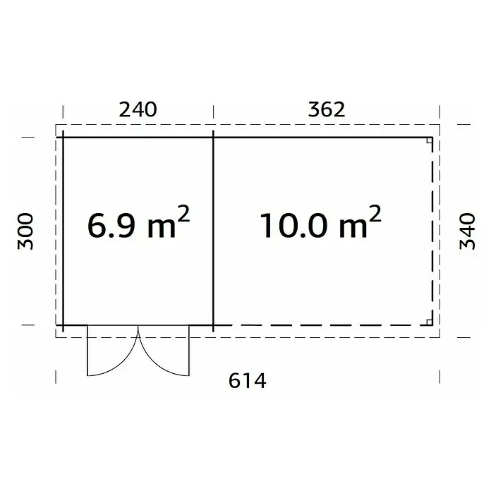 Palmako Gartenhaus Ella - Außenmaß inkl. Dachüberstand (B x T): 614 x 340 cm, 16,9 m², Holz, Natur - Grundriss eines kleinen Hauses mit zwei Zimmern und einer Tür. Die Gesamtfläche beträgt 16.9 m².