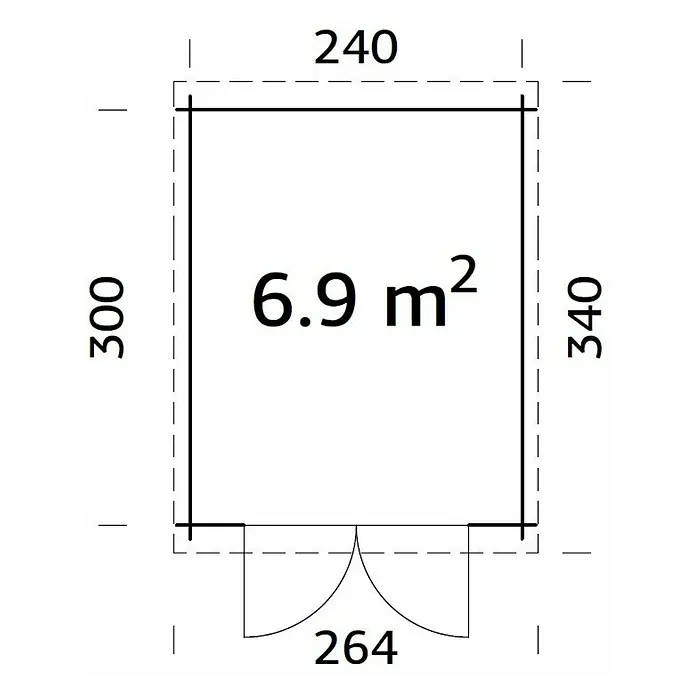 Palmako Gartenhaus Ella - Außenmaß inkl. Dachüberstand (B x T): 264 x 340 cm, Holz, Braun - Grundriss eines kleinen Gartenhauses mit den Maßen 240 x 300/340 cm und einer Fläche von 6,9 m², inklusive Türbereich mit 264 cm Breite.