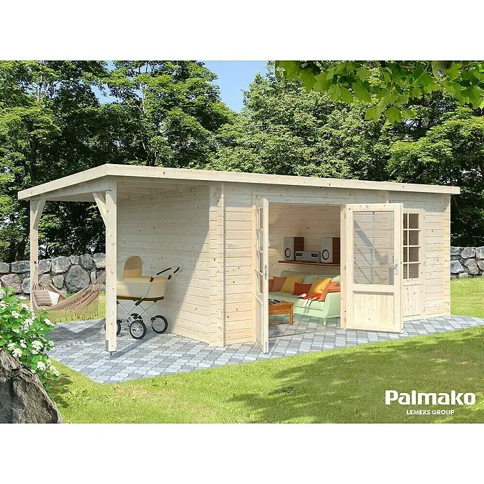 Palmako Gartenhaus Ella - Außenmaß inkl. Dachüberstand (B x T): 614 x 340 cm, 17 m², Holz, Natur - Eine moderne, helle Gartensauna aus Holz mit offenem Eingangsbereich und überdachter Terrasse bietet Entspannung im Grünen.