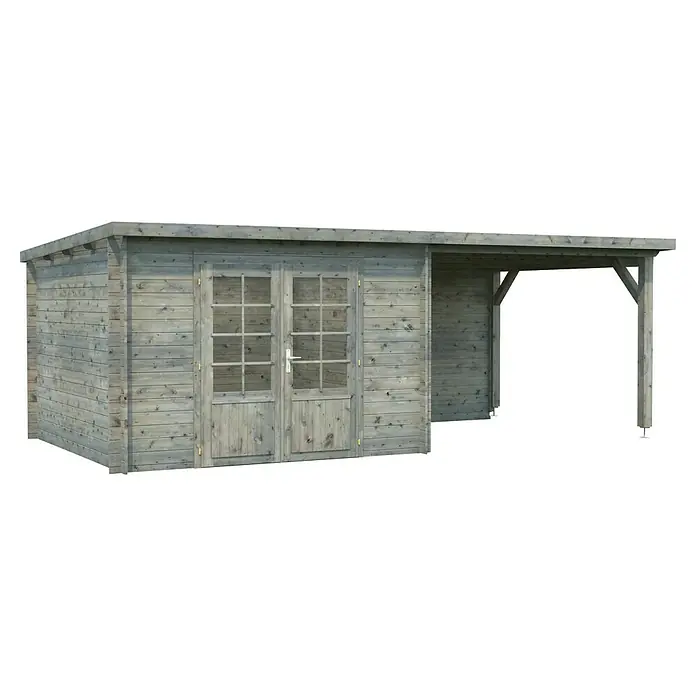 Palmako Gartenhaus Ella - Außenmaß inkl. Dachüberstand (B x T): 614 x 340 cm, 16,8 m², Holz, Transparent - Ein geräumiges, graues Holzgartenhaus mit Doppeltüren und einem überdachten Anbau, ideal für Gartenlagerung und als stilvoller Außenbereich.