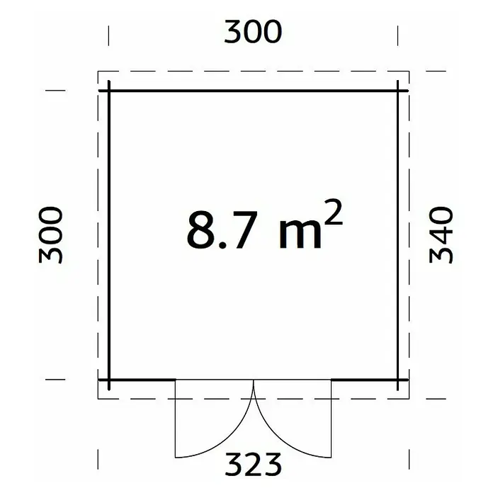 Palmako Caseta de jardín Ella - Medidas ext. (An x Pr): 323 x 340 cm, Madera, Natural - Plano de casa con dimensiones, área de 8.7 m², incluyendo ancho de puerta de 323. Las paredes miden 300 y 340, un plan detallado.