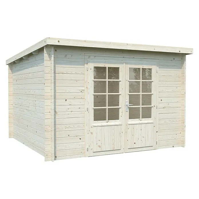 Palmako Caseta de jardín Ella - Medidas ext. (An x Pr): 323 x 340 cm, Madera, Natural - Un primer plano de un cobertizo de jardín de madera clara con puertas dobles y ventanas. El cobertizo de madera ofrece almacenamiento y protección contra el clima.