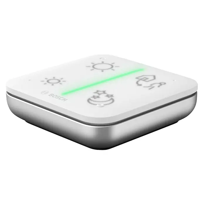 Bosch Smart Home Universalschalter II - Batteriebetrieben - Bosch Smart Home Controller mit weißem Bedienfeld und grüner Leiste, zur Steuerung von Smart-Home-Funktionen.
