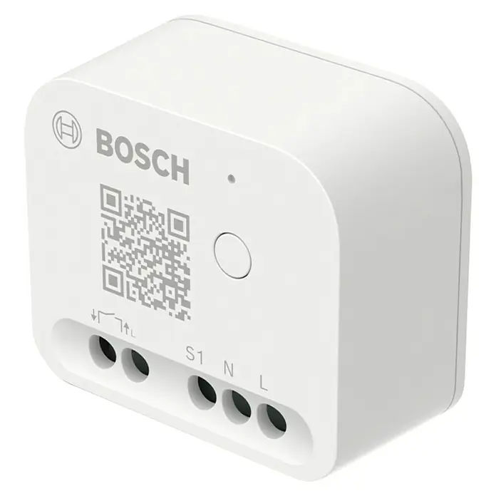 Bosch Smart Home Relais-Modul - 230 V, 2.400 MHz - 2.483,5 MHz - Abbildung eines weißen Bosch Smart Home Geräts mit QR-Code und Anschlussklemmen für die Elektroinstallation.