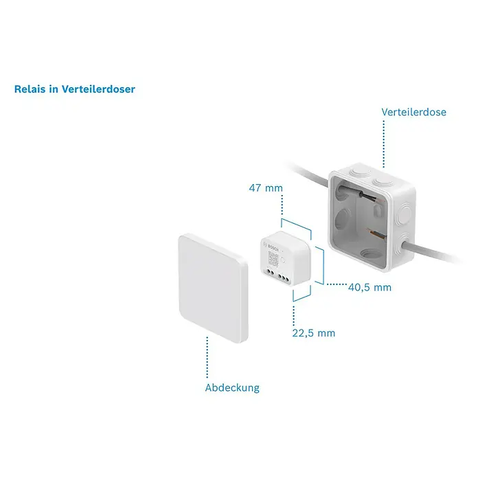 Bosch Smart Home Relais-Modul - 230 V, 2.400 MHz - 2.483,5 MHz - Illustration eines Bosch-Relais für die Verteilerdose mit Abmessungen und Beschriftungen, die die Installation und die Produktmerkmale hervorheben.