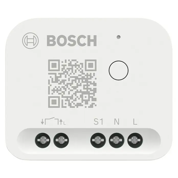 Bosch Smart Home Relais-Modul - 230 V, 2.400 MHz - 2.483,5 MHz - Ein weißer Bosch Smart Home Lichtsteuerung-Schalter. Zum intelligenten Steuern und Schalten von Lampen.