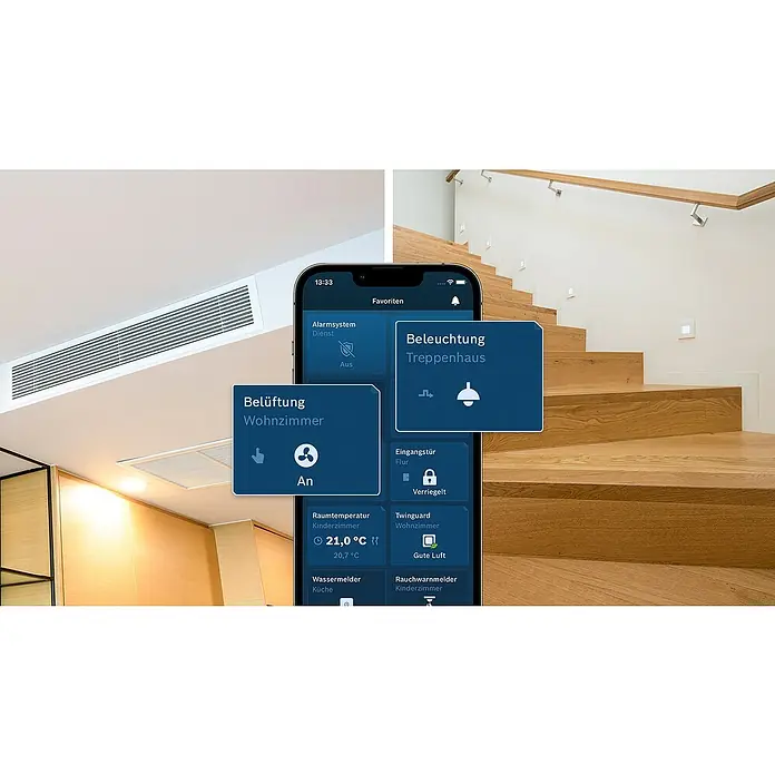 Bosch Smart Home Relais-Modul - 230 V, 2.400 MHz - 2.483,5 MHz - Smartphone mit App zur Steuerung von Haustechnikfunktionen wie Beleuchtung, Lüftung und Alarmanlage in einem modernen Wohnhaus.