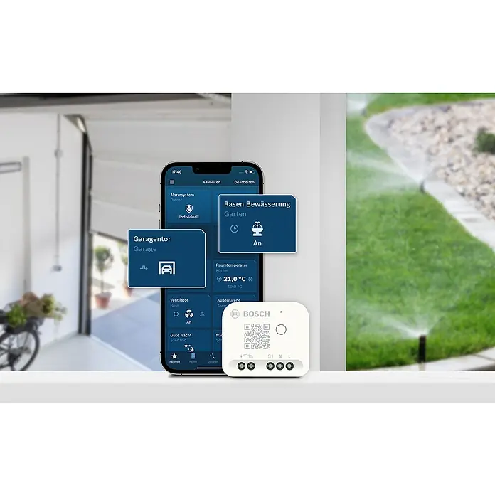 Bosch Smart Home Relais-Modul - 230 V, 2.400 MHz - 2.483,5 MHz - Intelligentes Bosch-Hausautomationssystem mit Smartphone-App zur Steuerung von Garage, Rasenbewässerung und Raumtemperatur.
