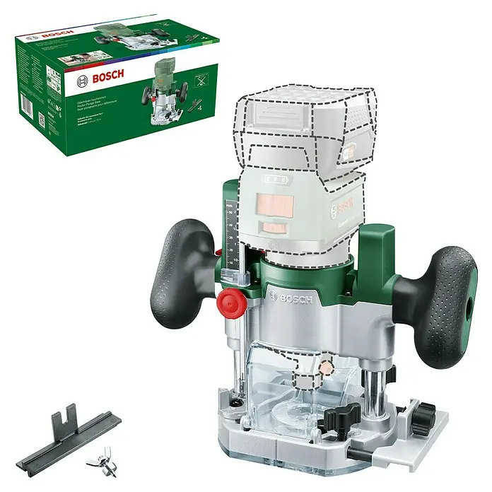 Bosch Taucheinheit für AdvancedTrimRouter 18V-8 - Passend für: Bosch Akku-Fräse AdvancedTrimRouter 18V-8 - Bild einer Bosch Oberfräse mit Zubehör und Verpackung. Präzises Arbeiten für Holzprojekte.