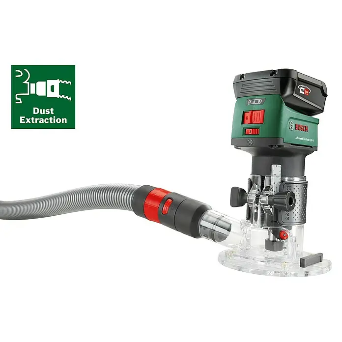 Bosch Power for All 18V Akku-Kantenfräser AdvancedTrimRouter 18V-8 Set - Ohne Akku, Leerlaufdrehzahl: 10.000 U/min - 30.000 U/min - Abbildung eines Bosch Advanced TrimRouter 18V-8 Akku-Trimmer mit Staubabsaugung, ein unverzichtbares Werkzeug für präzise Holzarbeiten.