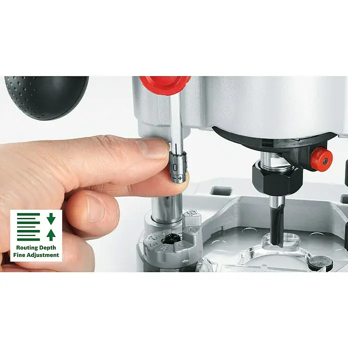 Bosch Power for All 18V Akku-Kantenfräser AdvancedTrimRouter 18V-8 Set - Ohne Akku, Leerlaufdrehzahl: 10.000 U/min - 30.000 U/min - Detailaufnahme einer Oberfräse, die die Feineinstellung der Frästiefe zeigt, wobei der Benutzer den Einstellknopf bedient, um Präzision zu gewährleisten.