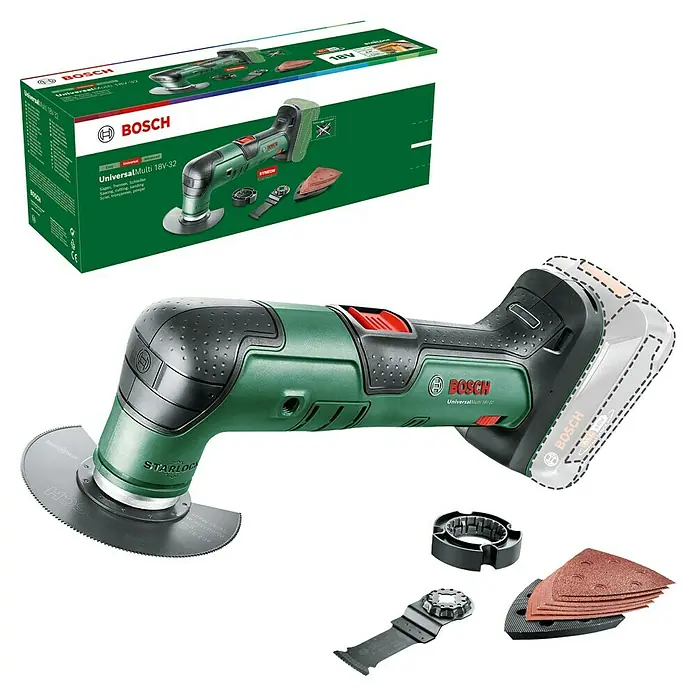 Bosch Power for All 18V Akku-Multifunktionswerkzeug UniversalMulti 18V-32 - 18 V, Ohne Akku - Bosch UniversalMulti 18V-32 Akku-Multifunktionswerkzeug mit Zubehör und Produktverpackung. Für vielseitige Anwendungen im Haus.