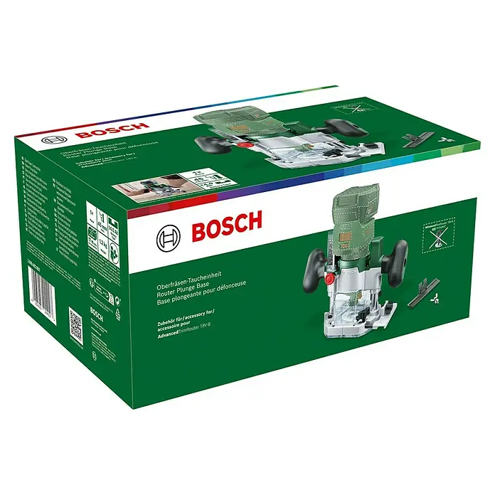 Bosch Unidad de inmersión AdvancedTrimRouter 18V-8 - Específico para: Fresadora Bosch AdvancedTrimRouter 18V-8 - Embalaje de la base de fresadora vertical Bosch, un accesorio para el AdvancedTrimRouter 18V-8, mostrado en el embalaje de cartón verde.