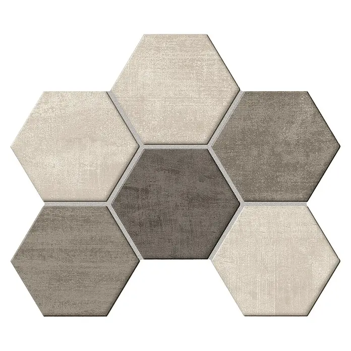Atlas Concorde Solution Yorkshire Mosaikfliese Hexagon Cold - 25,3 x 33 cm, Beige/Grau/Anthrazit, Matt - Ein Muster aus sechs sechseckigen Fliesen in verschiedenen Grau- und Beigetönen, die ein geometrisches Design für Wand- oder Bodengestaltung bilden.