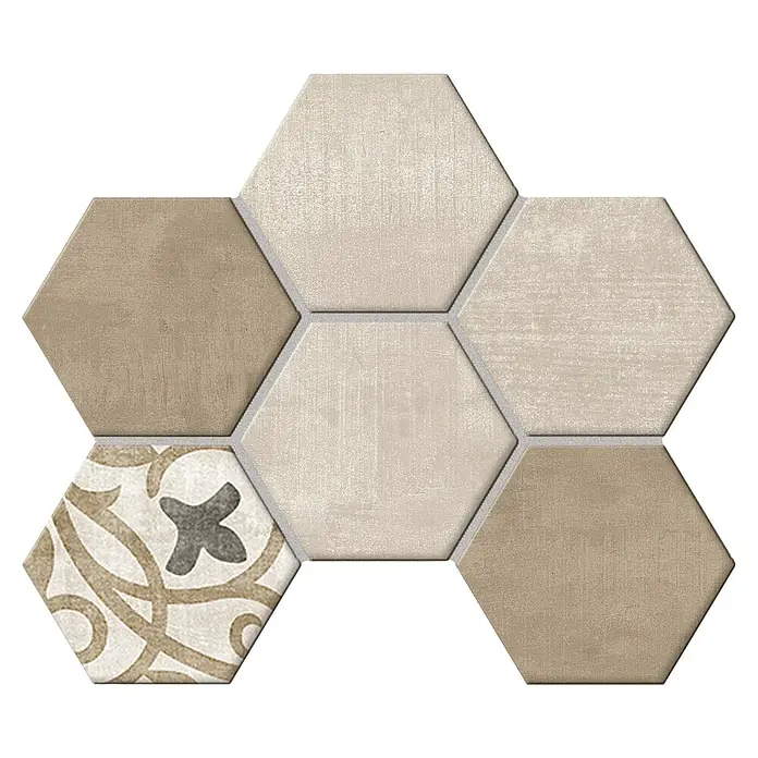 Atlas Concorde Solution Yorkshire Mosaikfliese Hexagon Warm - 25,3 x 33 cm, Beige/Braun, Matt - Sechseckige Fliesen in Beige- und Brauntönen, eine davon mit einem dekorativen Muster. Perfekt für stilvolle Wand- oder Bodengestaltung.