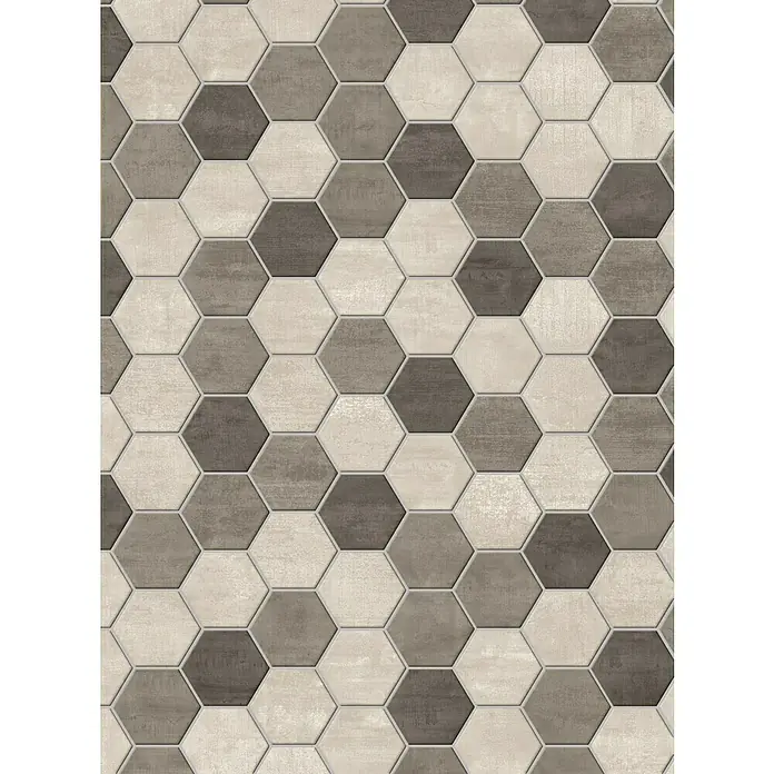 Atlas Concorde Solution Yorkshire Mosaikfliese Hexagon Cold - 25,3 x 33 cm, Beige/Grau/Anthrazit, Matt - Nahaufnahme von sechseckigen Bodenfliesen in verschiedenen Grautönen, die ein modernes und stilvolles Muster ergeben.