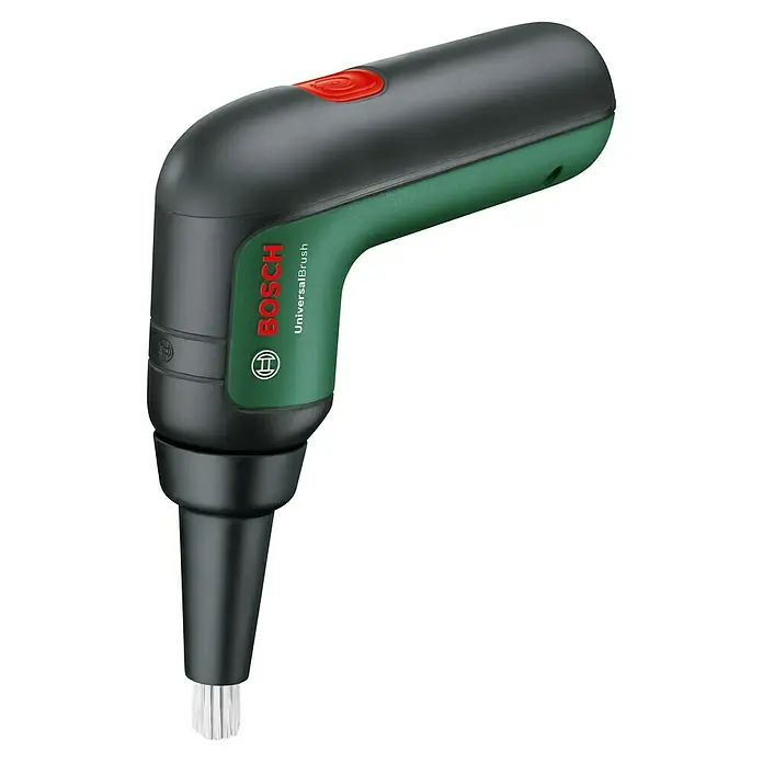 Bosch Akku-Reinigungsbürste UniversalBrush - 14 -tlg., 3,6 V, 2 Ah - Das Bild zeigt eine UniversalBrush von Bosch, ein vielseitiges Werkzeug zum Reinigen verschiedener Oberflächen, mit Akku und austauschbaren Bürsten.