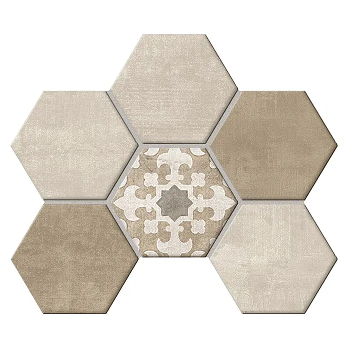 Atlas Concorde Solution Yorkshire Mosaikfliese Hexagon Warm - 25,3 x 33 cm, Beige/Braun, Matt - Eine Nahaufnahme von dekorativen sechseckigen Fliesen in verschiedenen neutralen Farbtönen mit einem eleganten Muster in der Mitte.